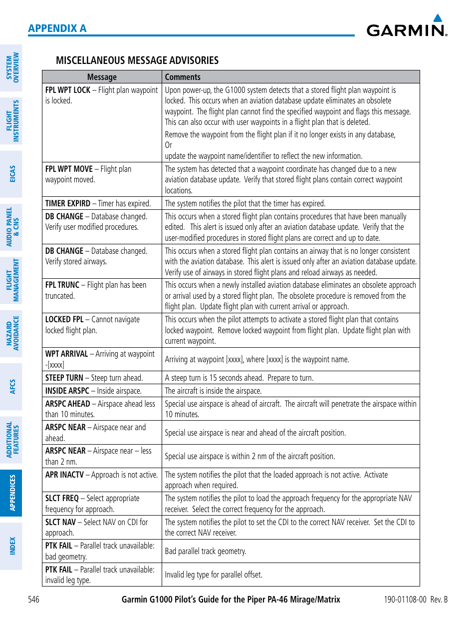 Appendix a miscellaneous message advisories | Garmin G1000 Piper PA-46 Matrix User Manual | Page 560 / 600