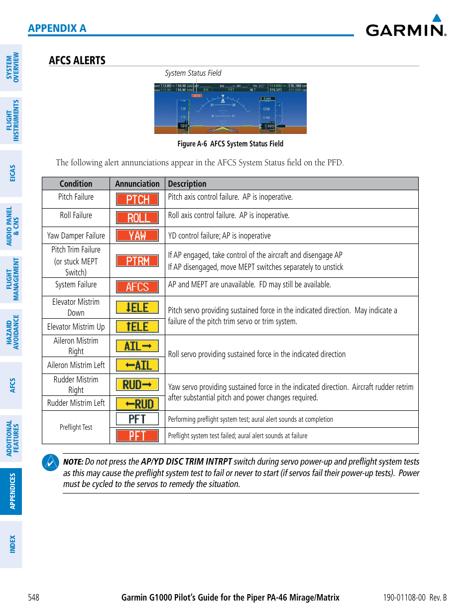 Afcs alerts, Appendix a | Garmin G1000 Piper PA-46 Matrix User Manual | Page 562 / 600