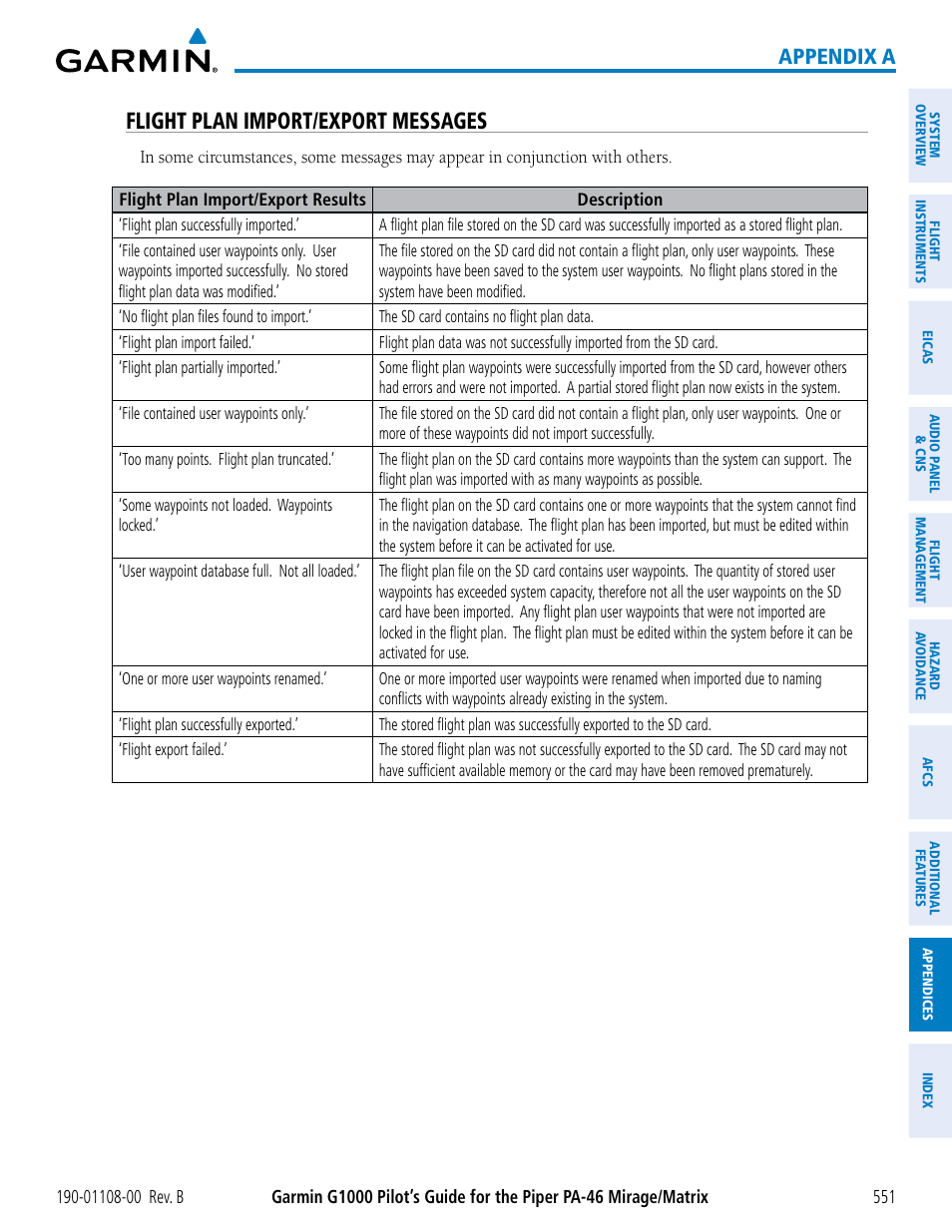 Flight plan import/export messages, Appendix a | Garmin G1000 Piper PA-46 Matrix User Manual | Page 565 / 600