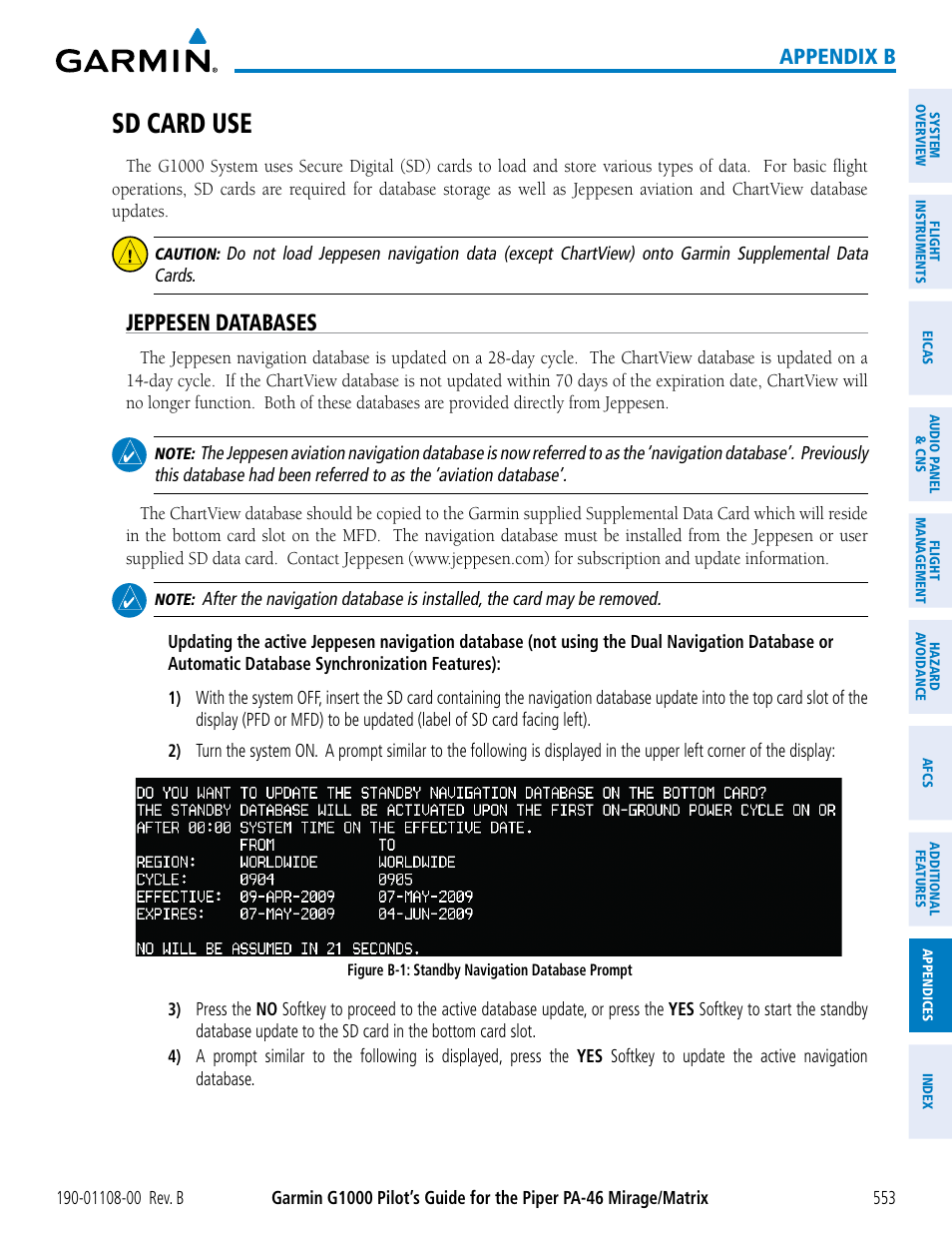 Sd card use, Jeppesen databases, Appendix b | Garmin G1000 Piper PA-46 Matrix User Manual | Page 567 / 600