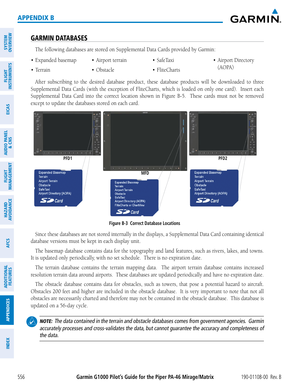 Garmin databases, Appendix b | Garmin G1000 Piper PA-46 Matrix User Manual | Page 570 / 600