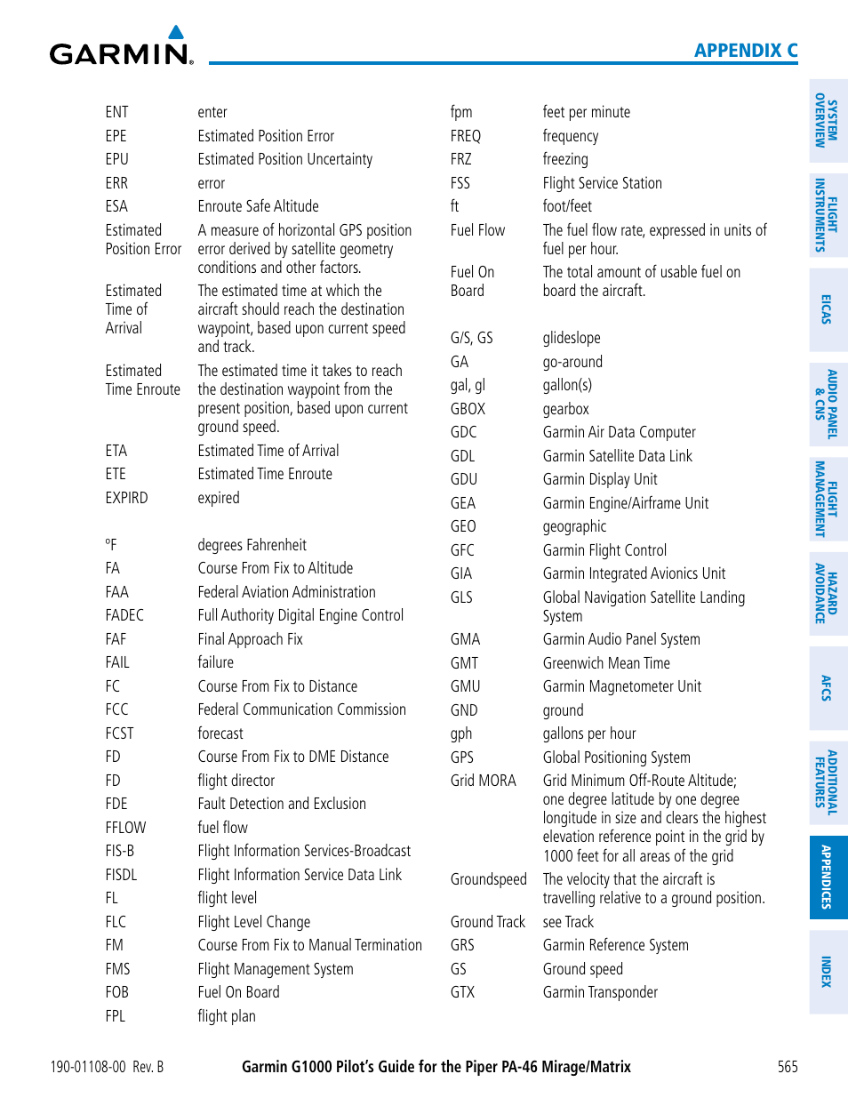 Appendix c | Garmin G1000 Piper PA-46 Matrix User Manual | Page 579 / 600