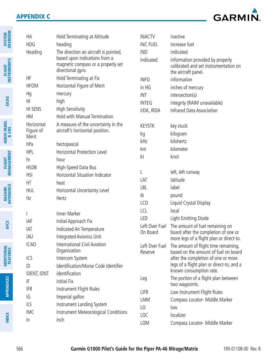 Appendix c | Garmin G1000 Piper PA-46 Matrix User Manual | Page 580 / 600
