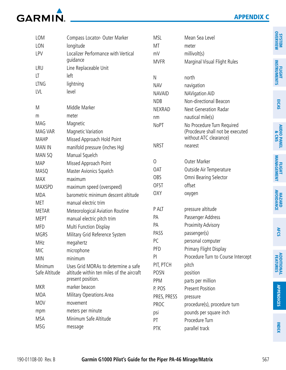 Appendix c | Garmin G1000 Piper PA-46 Matrix User Manual | Page 581 / 600