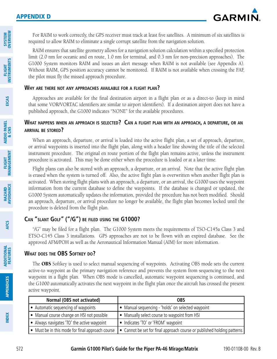 Appendix d, G1000, Obs s | Garmin G1000 Piper PA-46 Matrix User Manual | Page 586 / 600