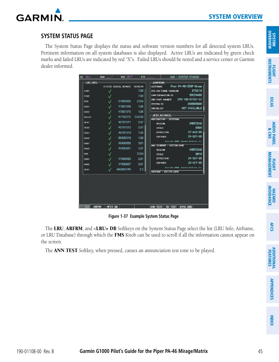 System overview, System status page | Garmin G1000 Piper PA-46 Matrix User Manual | Page 59 / 600