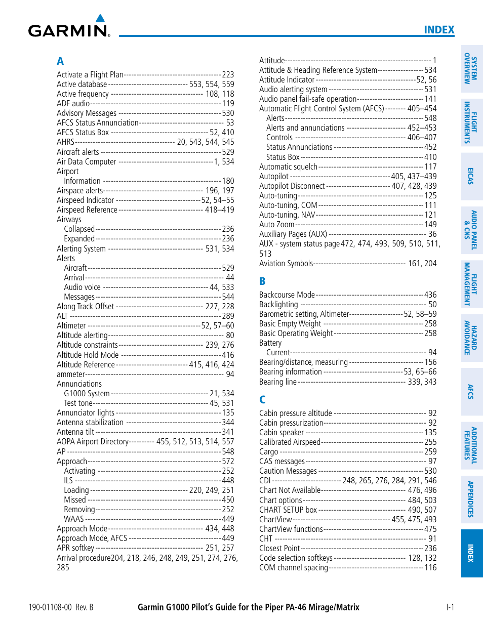 Index | Garmin G1000 Piper PA-46 Matrix User Manual | Page 593 / 600