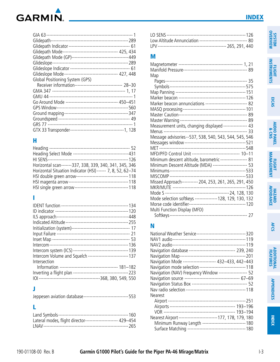 Index | Garmin G1000 Piper PA-46 Matrix User Manual | Page 595 / 600