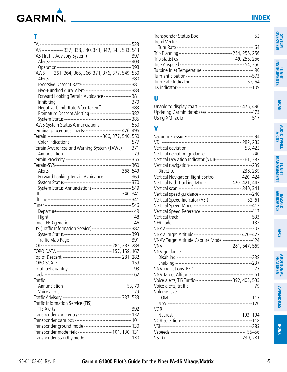 Index | Garmin G1000 Piper PA-46 Matrix User Manual | Page 597 / 600