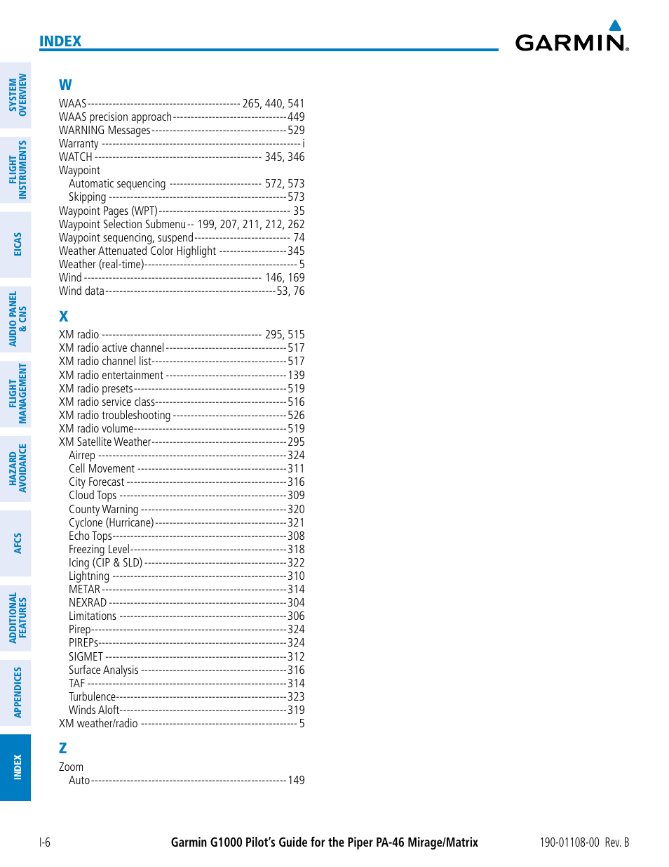 Index | Garmin G1000 Piper PA-46 Matrix User Manual | Page 598 / 600