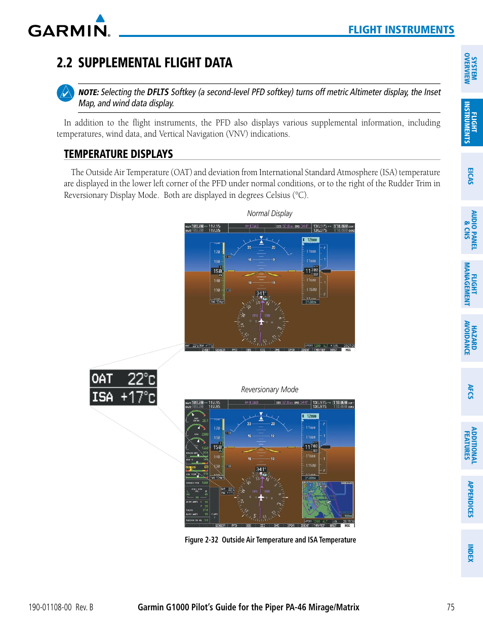 2 supplemental flight data, Temperature displays, Flight instruments | Garmin G1000 Piper PA-46 Matrix User Manual | Page 89 / 600