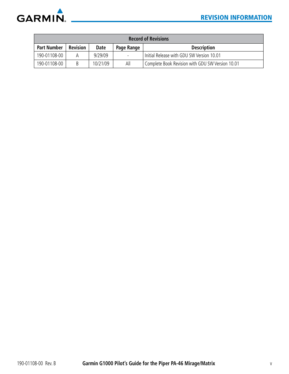 Revision information | Garmin G1000 Piper PA-46 Matrix User Manual | Page 9 / 600