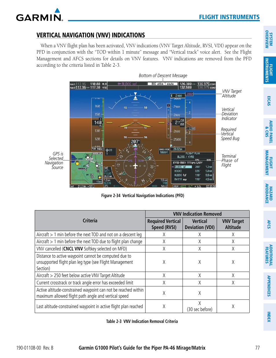 Vertical navigation (vnv) indications, Flight instruments | Garmin G1000 Piper PA-46 Matrix User Manual | Page 91 / 600