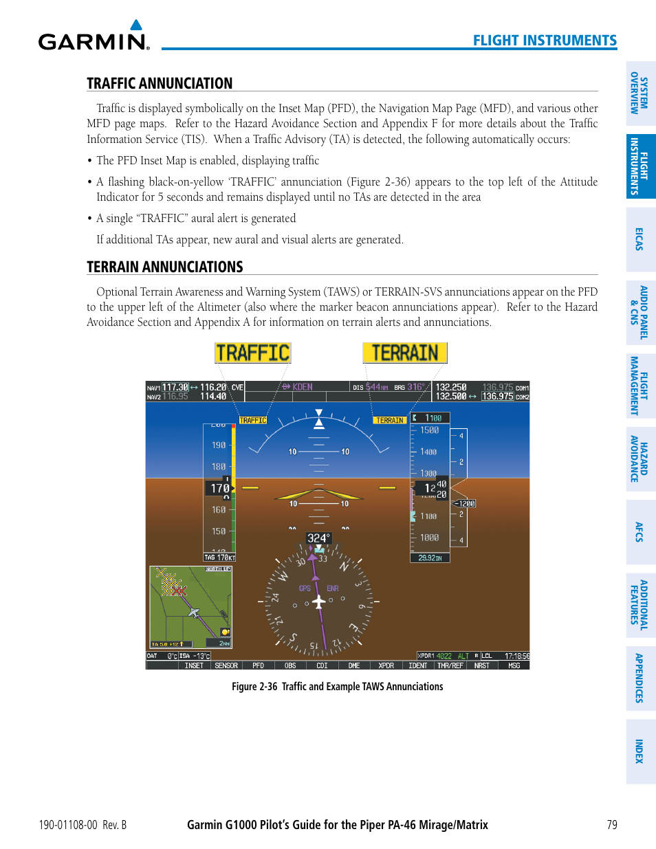 Traffic annunciation, Terrain annunciations, Flight instruments | Garmin G1000 Piper PA-46 Matrix User Manual | Page 93 / 600