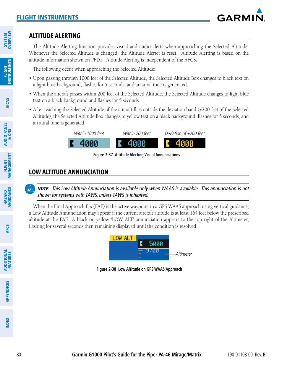 Altitude alerting, Low altitude annunciation, Flight instruments | Garmin G1000 Piper PA-46 Matrix User Manual | Page 94 / 600