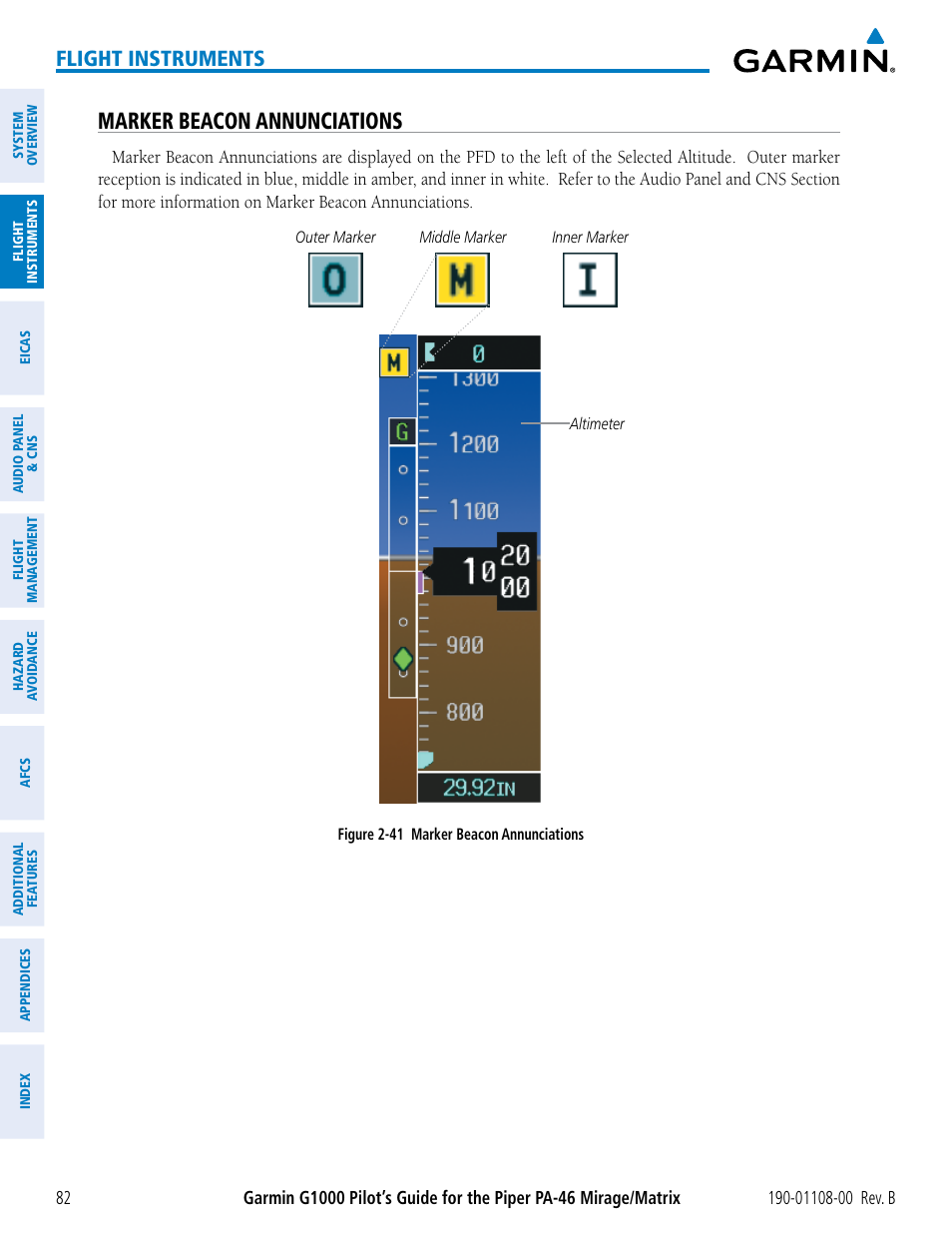 Marker beacon annunciations, Flight instruments | Garmin G1000 Piper PA-46 Matrix User Manual | Page 96 / 600