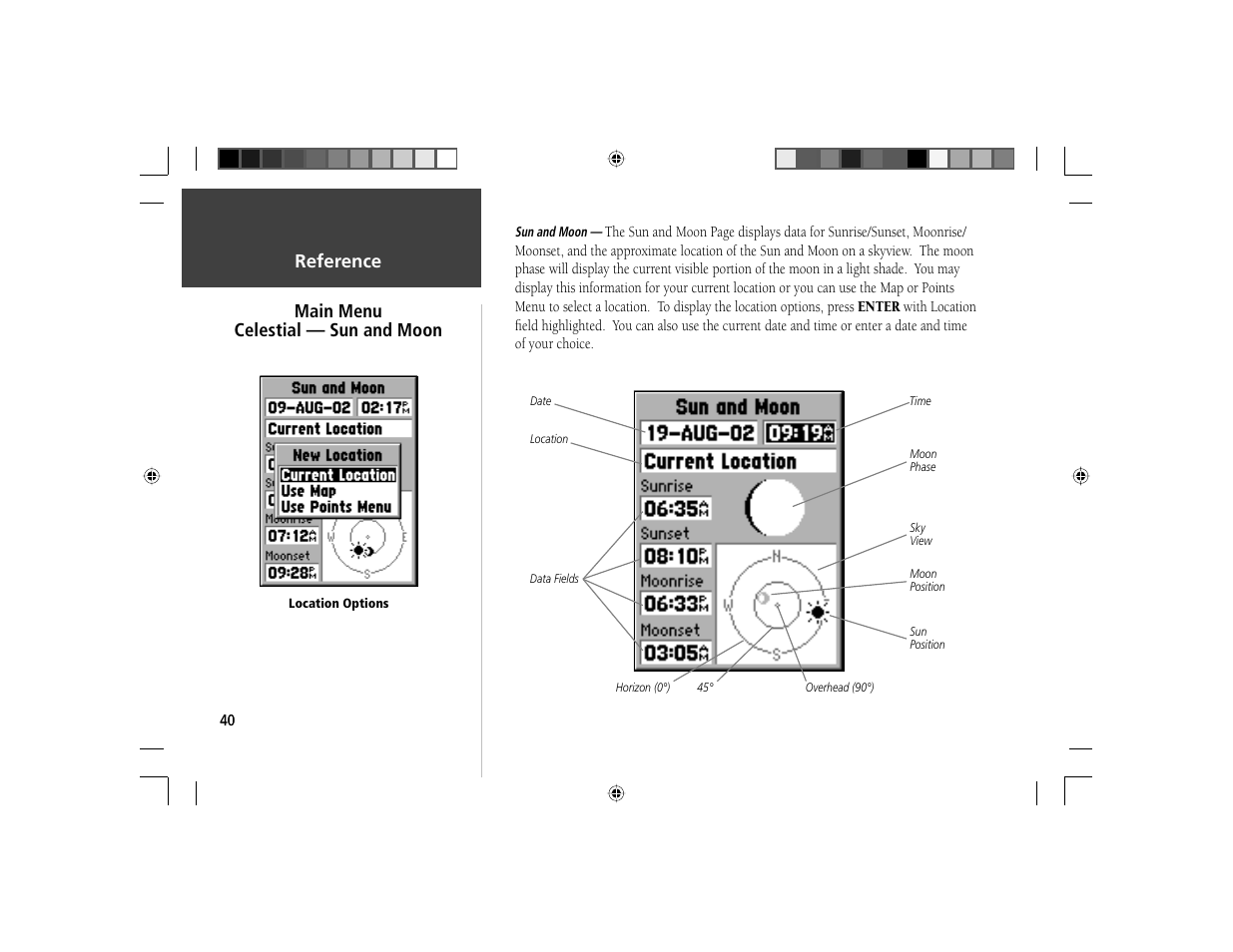 Introduction, Reference, Main menu celestial — sun and moon | Garmin GPS 72 User Manual | Page 42 / 67