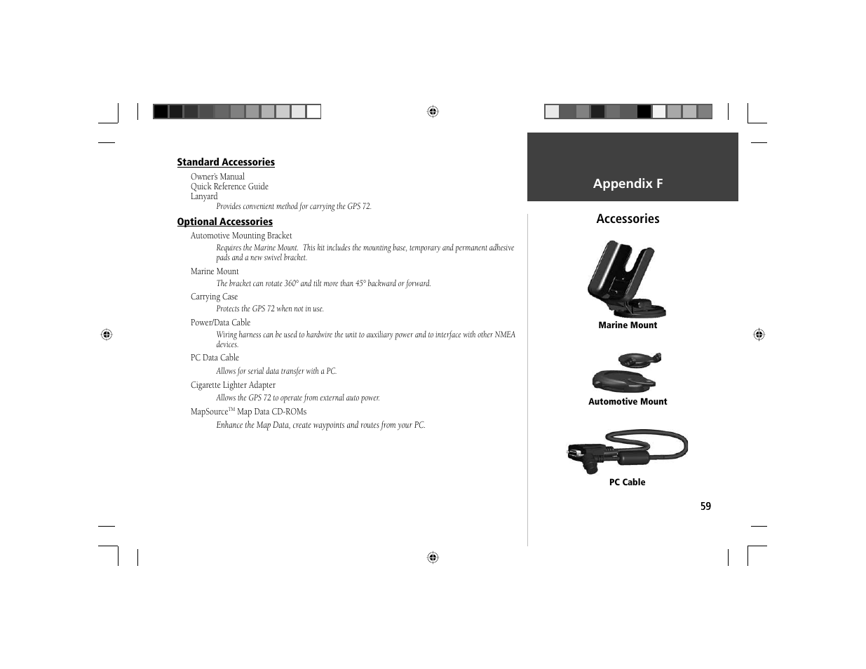 Introduction, Appendix f accessories | Garmin GPS 72 User Manual | Page 61 / 67