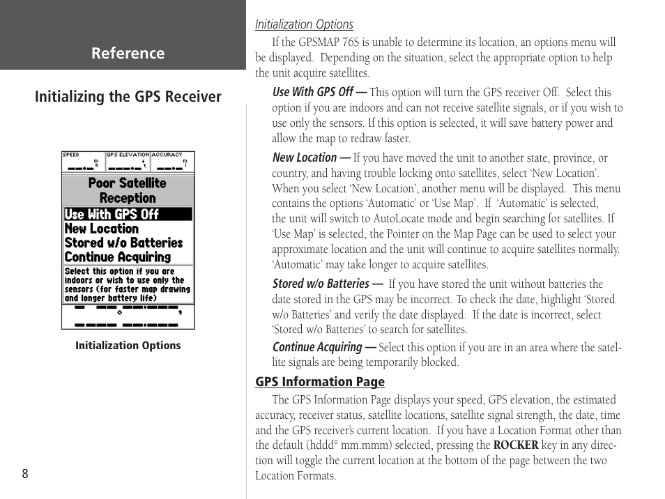 Initializing the gps receiver reference | Garmin GPSMAP 76S User Manual | Page 10 / 76