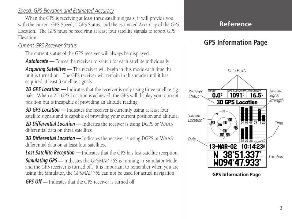 Getting started, Gps information page, Reference | Garmin GPSMAP 76S User Manual | Page 11 / 76