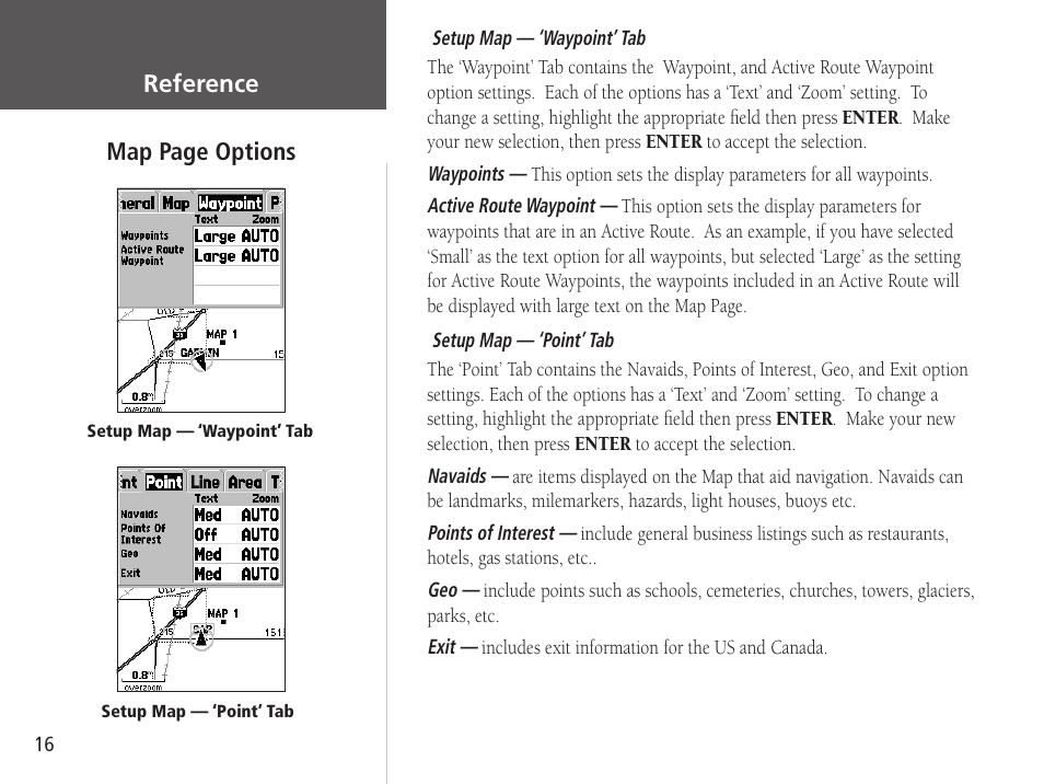 Map page options reference | Garmin GPSMAP 76S User Manual | Page 18 / 76