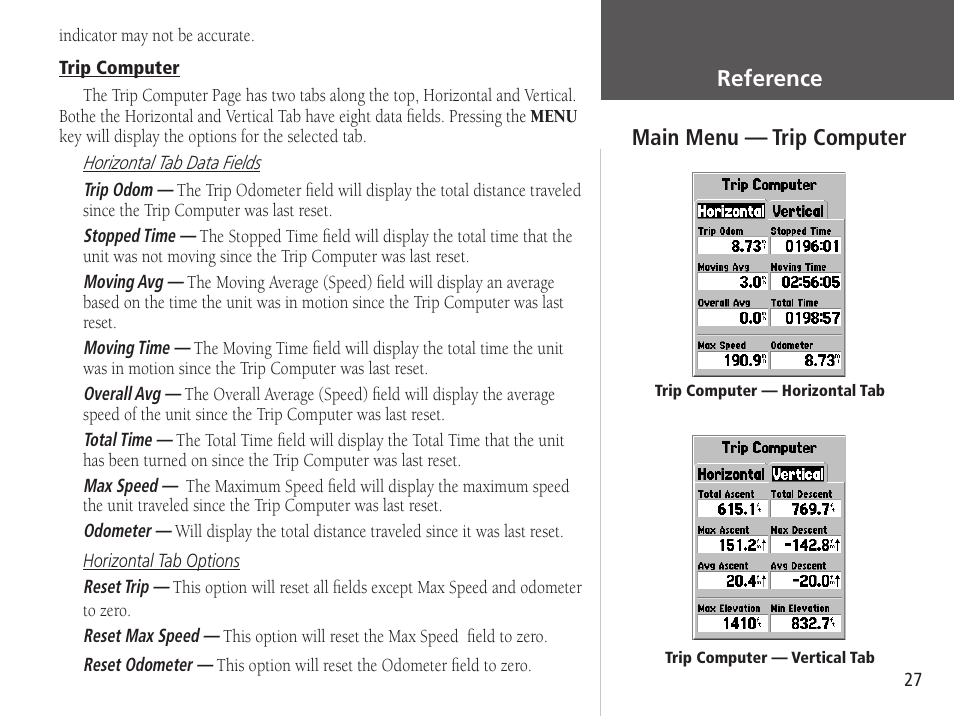 Getting started main menu — trip computer, Reference | Garmin GPSMAP 76S User Manual | Page 29 / 76