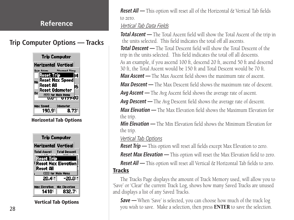 Reference trip computer options — tracks | Garmin GPSMAP 76S User Manual | Page 30 / 76