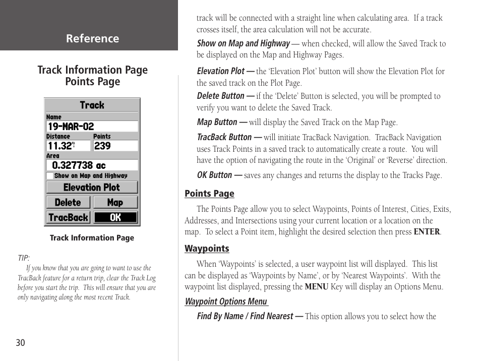 Reference track information page points page | Garmin GPSMAP 76S User Manual | Page 32 / 76