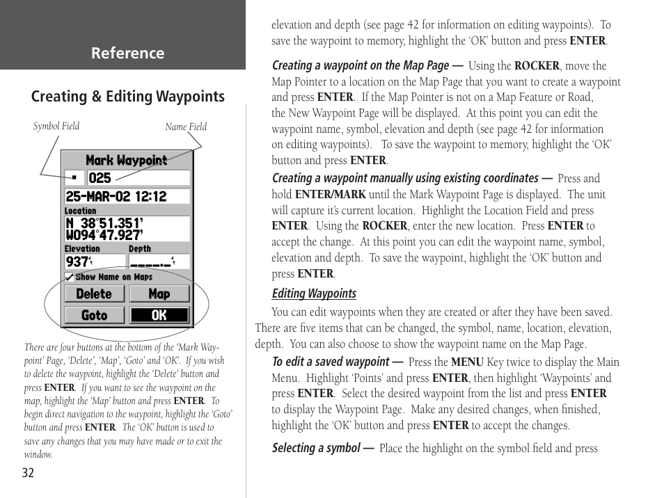 Reference, Creating & editing waypoints | Garmin GPSMAP 76S User Manual | Page 34 / 76