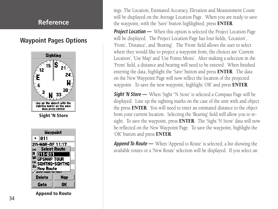 Reference, Waypoint pages options | Garmin GPSMAP 76S User Manual | Page 36 / 76