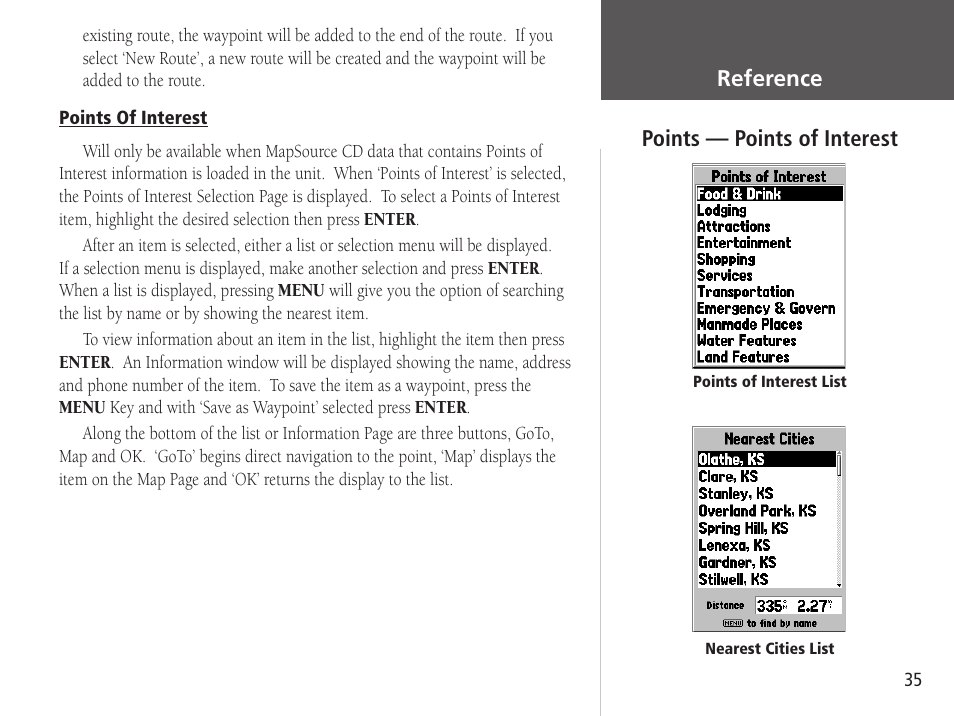 Getting started reference, Points — points of interest | Garmin GPSMAP 76S User Manual | Page 37 / 76