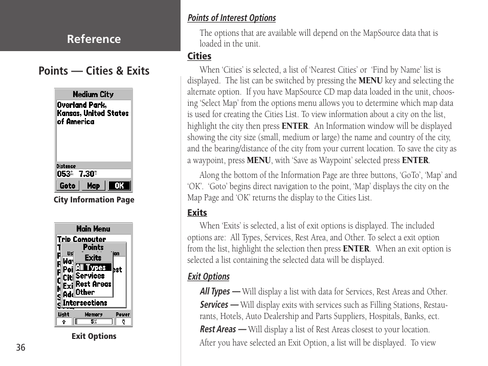 Reference, Points — cities & exits | Garmin GPSMAP 76S User Manual | Page 38 / 76