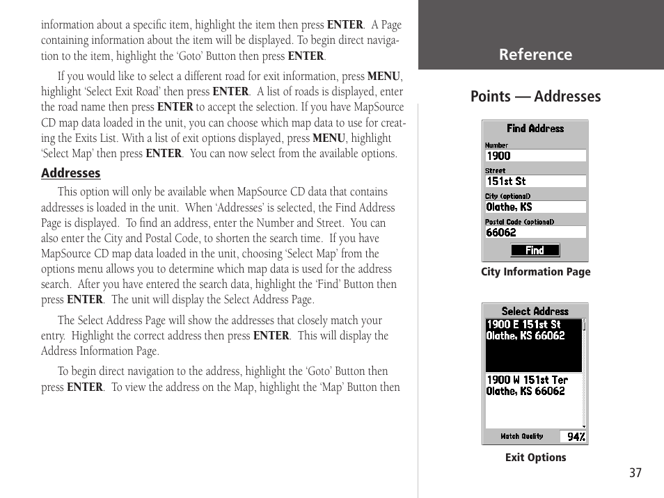 Getting started reference, Points — addresses | Garmin GPSMAP 76S User Manual | Page 39 / 76