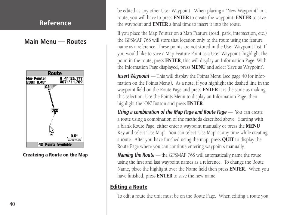 Reference, Main menu — routes | Garmin GPSMAP 76S User Manual | Page 42 / 76