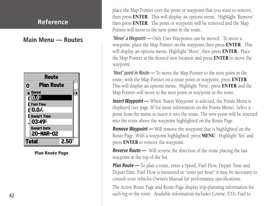 Reference, Main menu — routes | Garmin GPSMAP 76S User Manual | Page 44 / 76