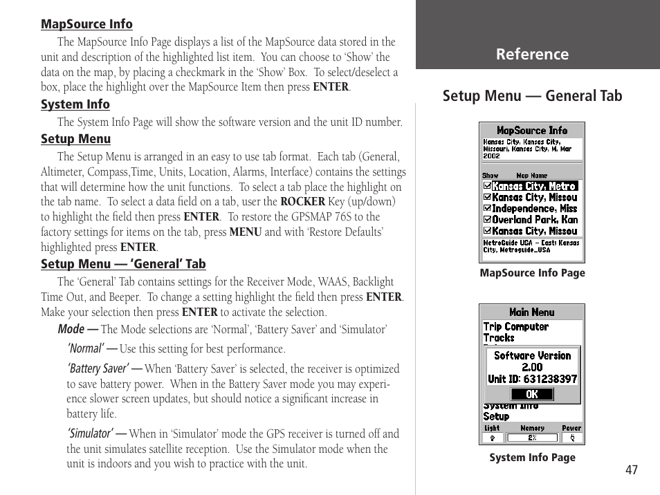 Getting started reference, Setup menu — general tab | Garmin GPSMAP 76S User Manual | Page 49 / 76