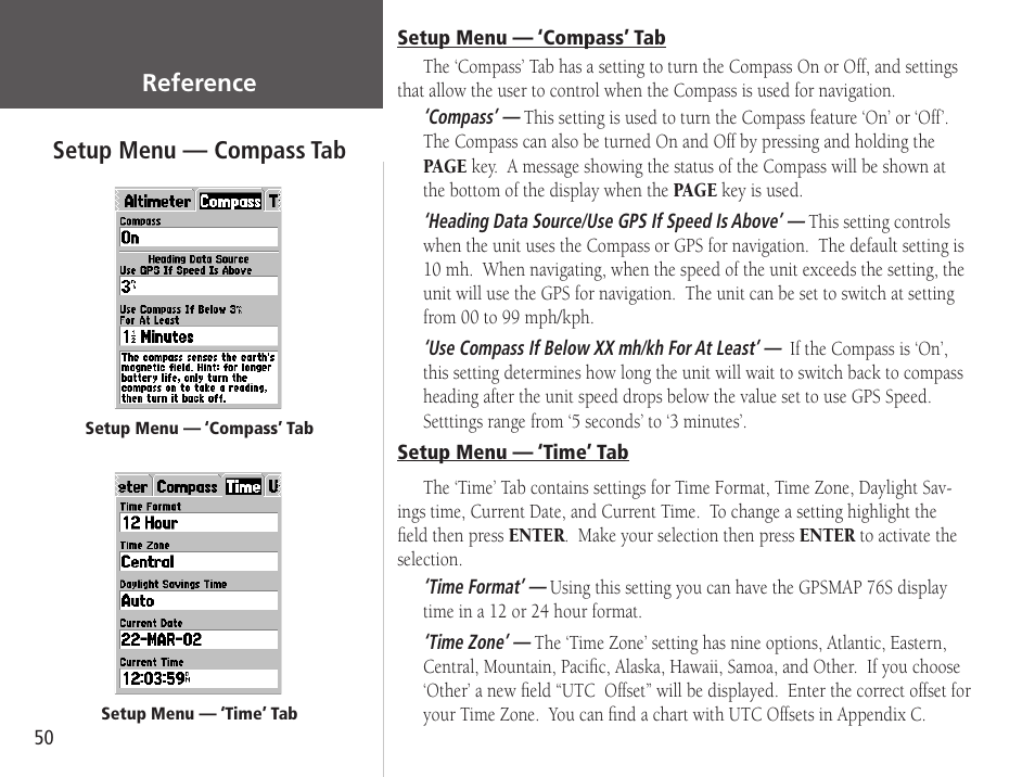 Reference, Setup menu — compass tab | Garmin GPSMAP 76S User Manual | Page 52 / 76
