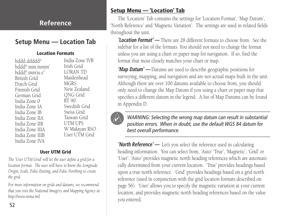 Reference, Setup menu — location tab | Garmin GPSMAP 76S User Manual | Page 54 / 76