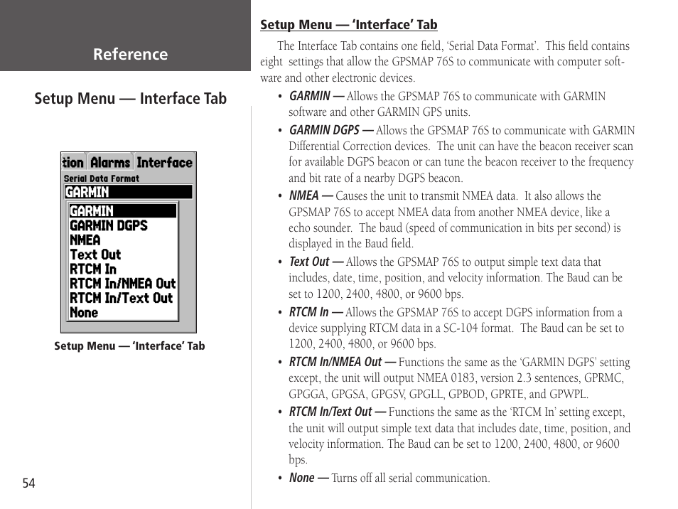 Reference, Setup menu — interface tab | Garmin GPSMAP 76S User Manual | Page 56 / 76