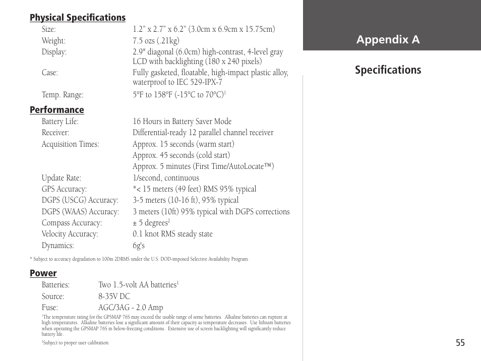 Getting started, Appendix a speciﬁcations | Garmin GPSMAP 76S User Manual | Page 57 / 76