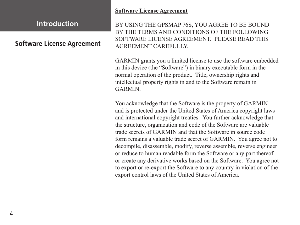 Introduction, Software license agreement | Garmin GPSMAP 76S User Manual | Page 6 / 76