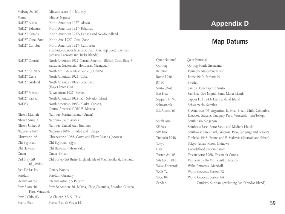 Getting started appendix d map datums | Garmin GPSMAP 76S User Manual | Page 61 / 76