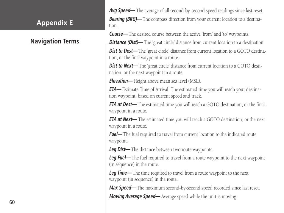 Appendix e navigation terms | Garmin GPSMAP 76S User Manual | Page 62 / 76