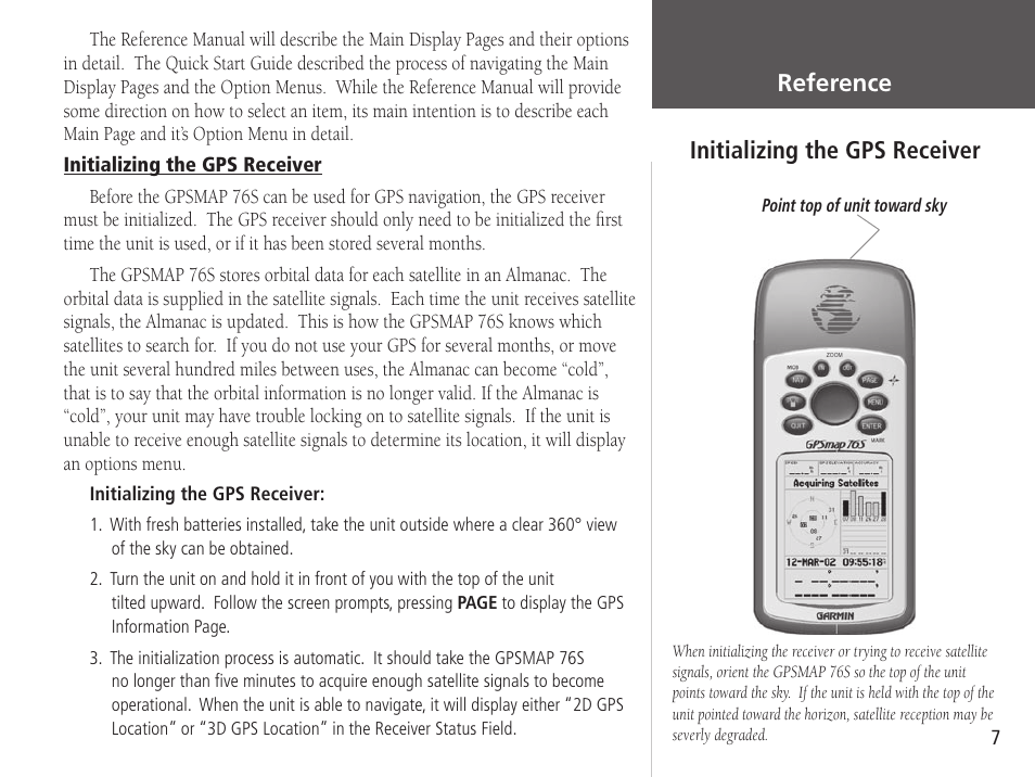 Getting started, Reference initializing the gps receiver | Garmin GPSMAP 76S User Manual | Page 9 / 76