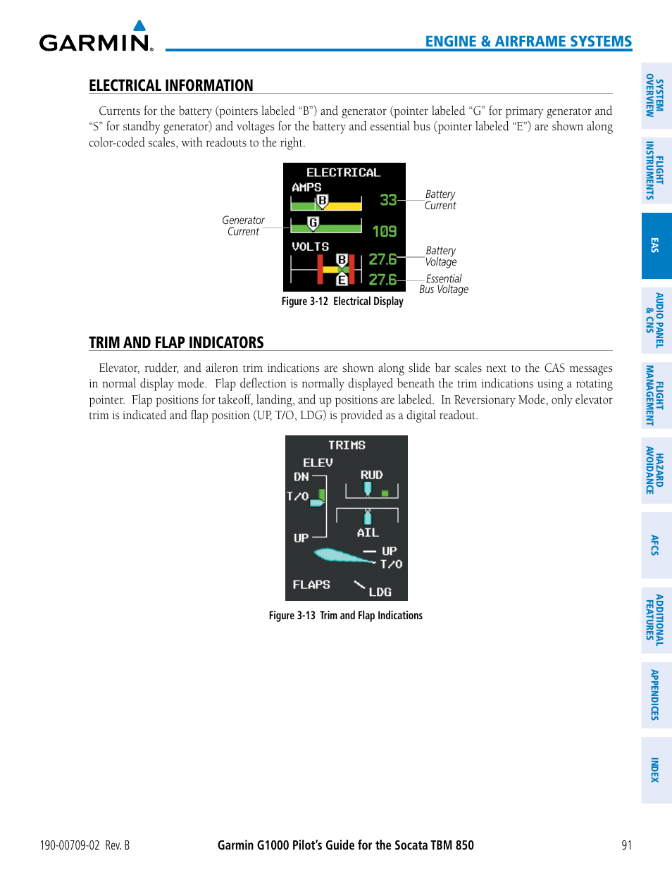 Electrical information, Trim and flap indicators, Engine & airframe systems | Garmin G1000 Socata TBM 850 User Manual | Page 105 / 600