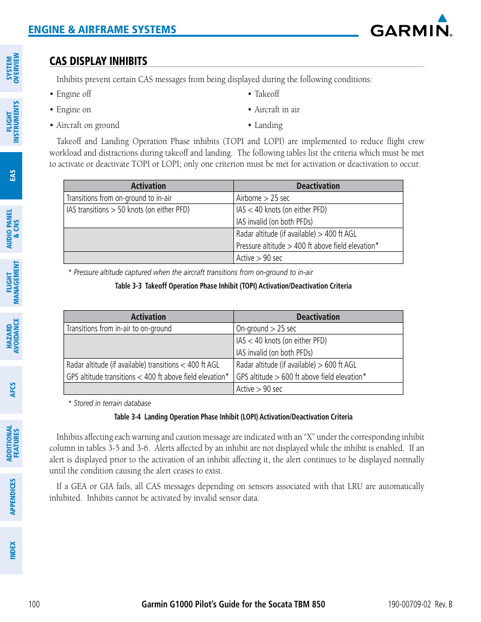 Cas display inhibits, Engine & airframe systems | Garmin G1000 Socata TBM 850 User Manual | Page 114 / 600