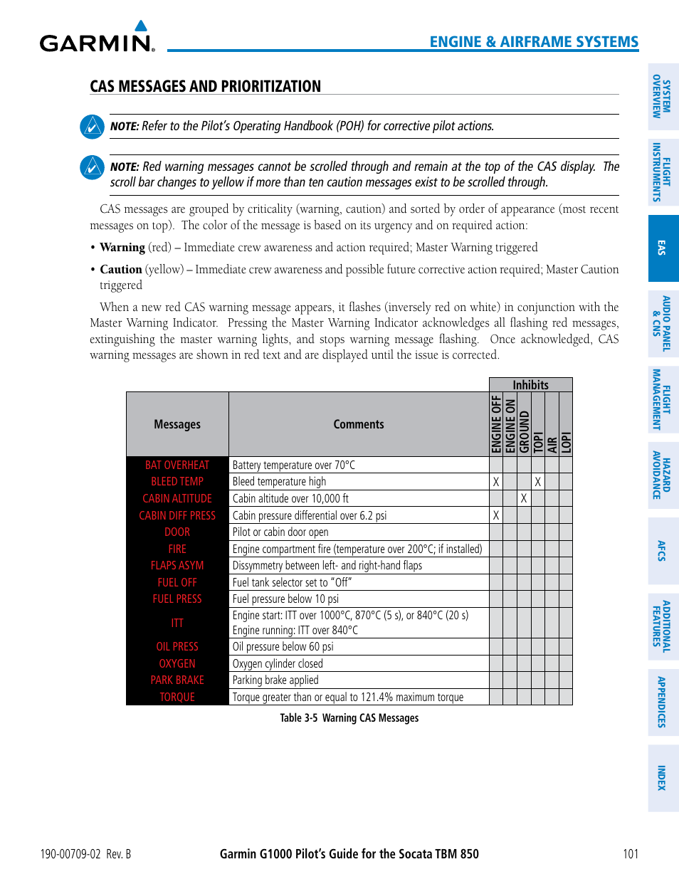 Cas messages and prioritization, Engine & airframe systems | Garmin G1000 Socata TBM 850 User Manual | Page 115 / 600