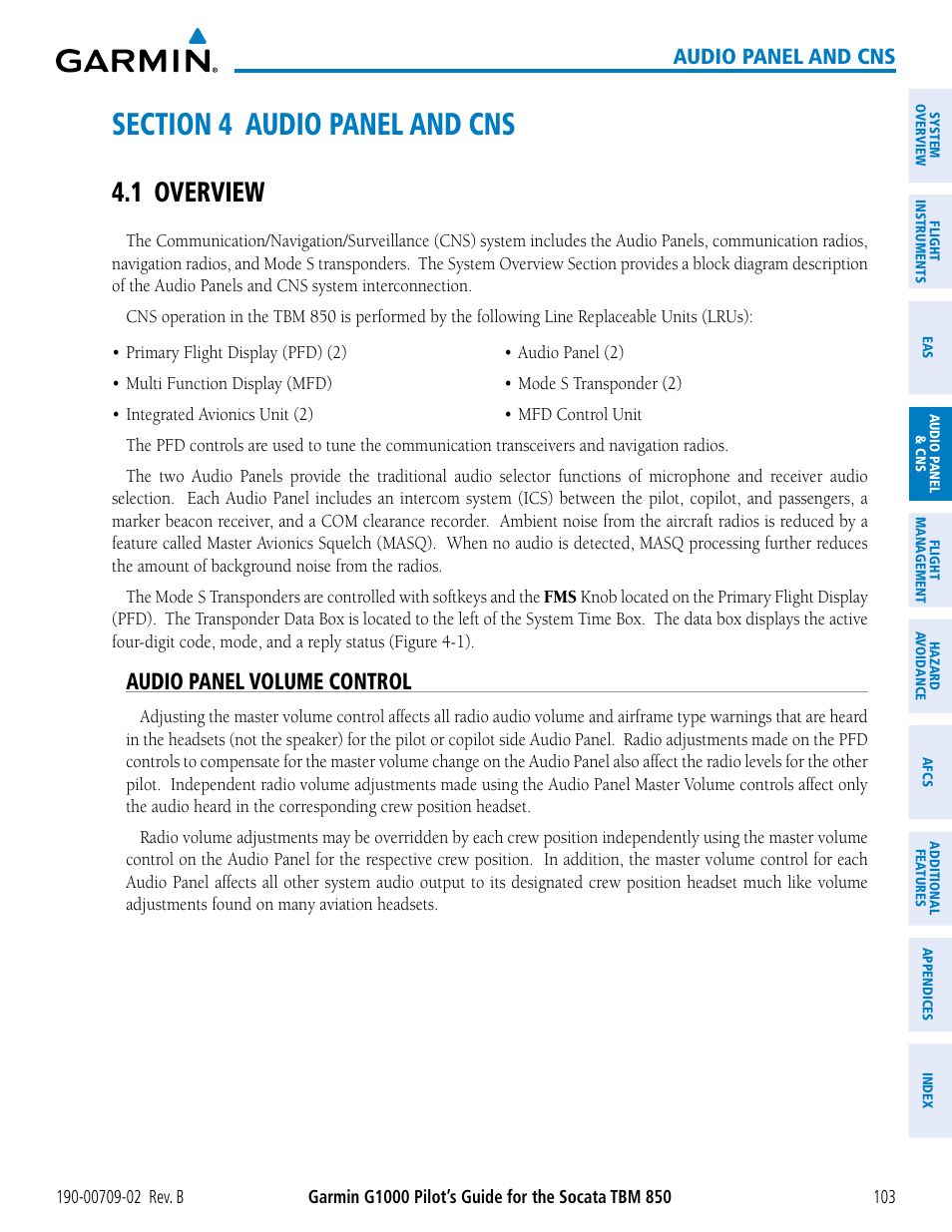 Section 4 audio panel and cns, 1 overview, Audio panel volume control | Audio panel and cns | Garmin G1000 Socata TBM 850 User Manual | Page 117 / 600