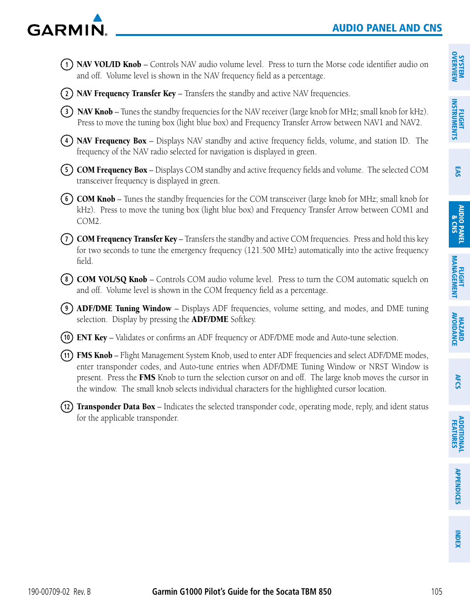 Audio panel and cns | Garmin G1000 Socata TBM 850 User Manual | Page 119 / 600