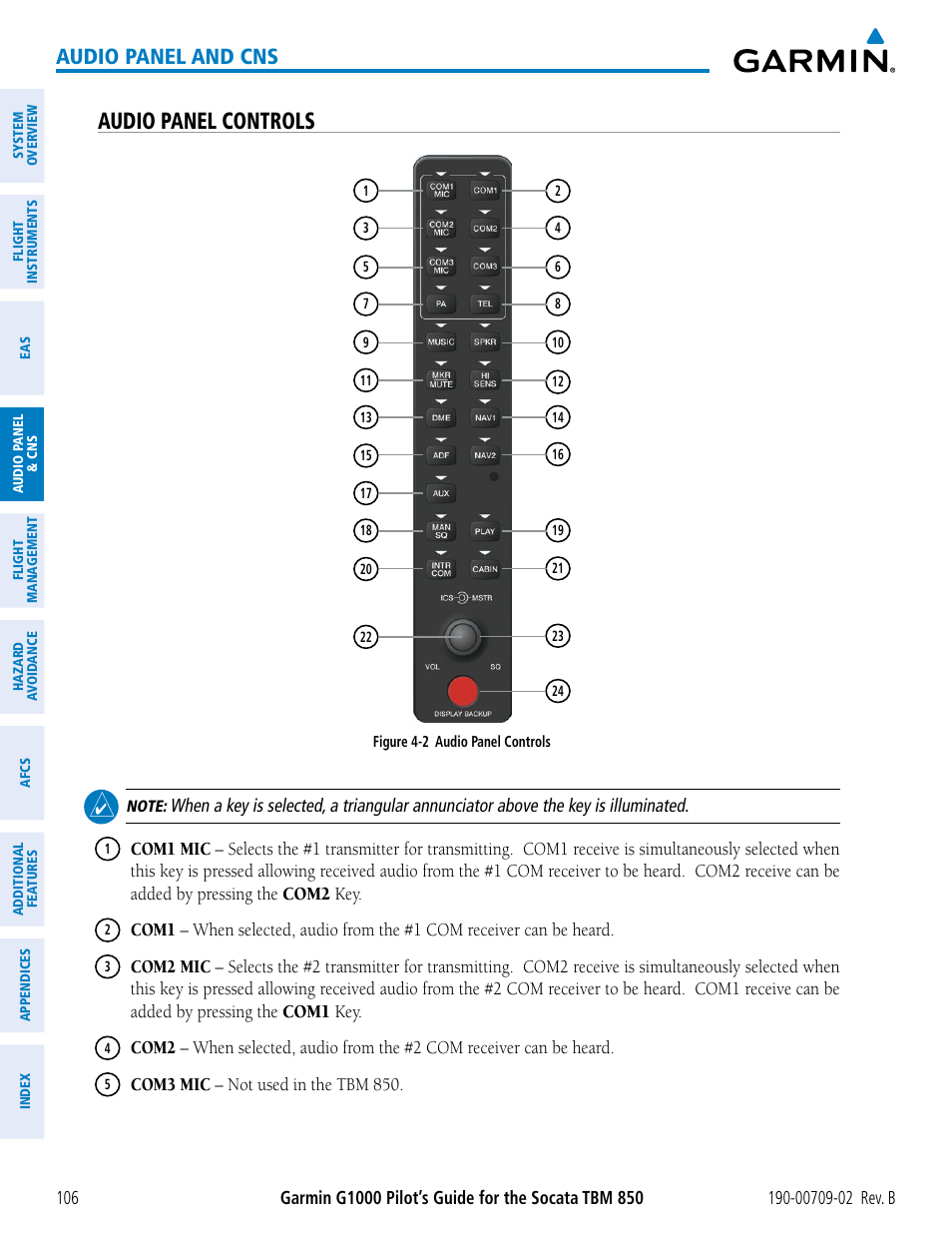 Audio panel controls, Audio panel and cns | Garmin G1000 Socata TBM 850 User Manual | Page 120 / 600